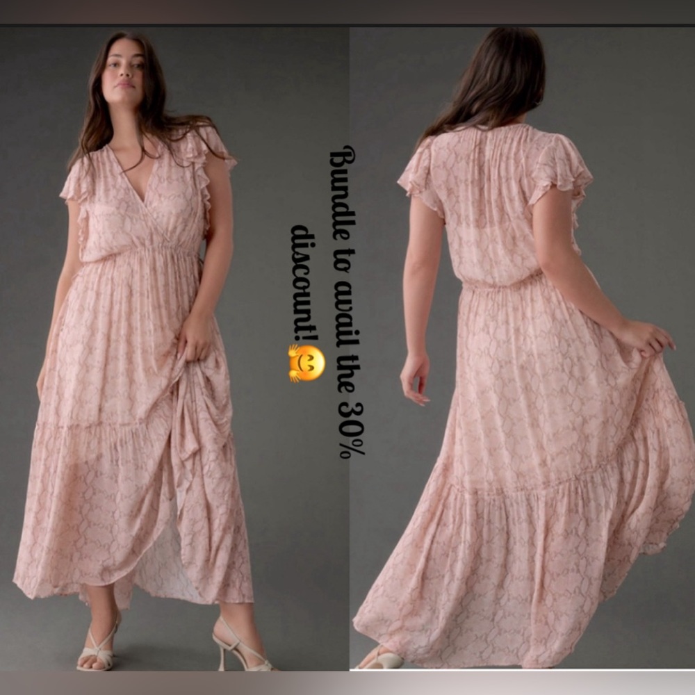 By Anthropologie Sheer V-Neck Flutter-Sleeve Midi Dress Medium